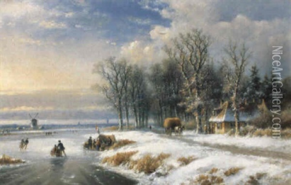 A Wooded Winter Landscape With Several Skaters And A Koek En Zopie Oil Painting - Lodewijk Johannes Kleijn