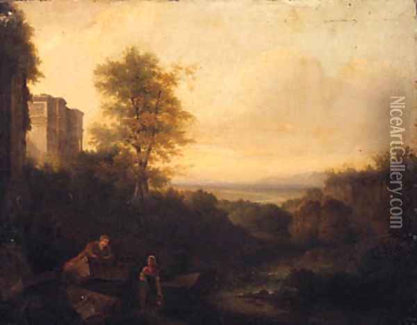 Figures Resting In A Classical Landscape Oil Painting - Of Richard Wilson