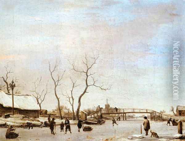 Frozen Canal with Skaters and Hockey Players Oil Painting - Adriaen Van De Velde