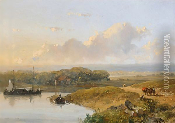 Travellers In An Extensive River Landscape Oil Painting - Nicolaas Johannes Roosenboom
