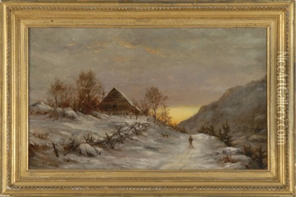 Hunter In A Winter Sunset Landscape Oil Painting - Kate White Newhall