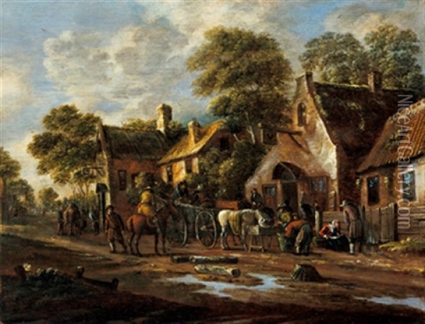 Dorf An Einem Fluss Mit Einem Pferdewagen, Rastendem Reiter Und Anderen Figuren Oil Painting - Thomas Heeremans