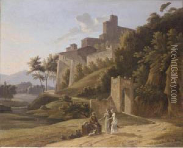 An Italianate Landscape With Two Young Ladies Giving Alms To An Old Man Oil Painting - Alexandre-Hyacinthe Dunouy