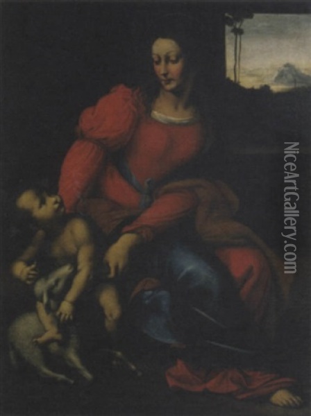 Madonna Con Bambino E Agnello, Un Paesaggio In Lontananza Oil Painting - Giovanni Stefano Danedi