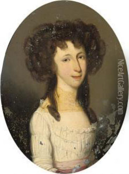 Portrait Of A Lady, Bust-length,
 In A White Dress And Pink Sash;and Portrait Of A Gentleman, 
Bust-length, In A Burgundy Coat Oil Painting - Thomas Hickey