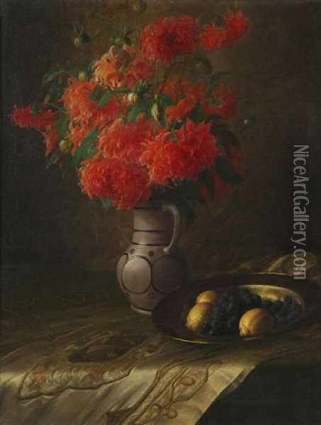 Dahlias, Plat En Cuivre Avec Citrons Et Raisins Oil Painting - Josef van de Roye