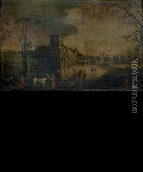 Patineurs Et Luges Sur Une Riviere Gelee Oil Painting - Adam van Breen