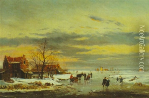 Skaters On Frozen River Oil Painting - Reginald Ernest Arnold