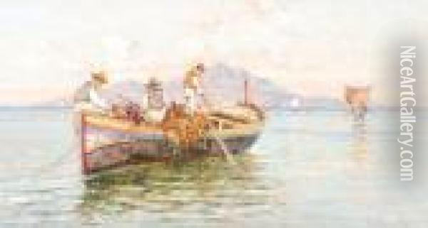 Views Of Fishing Boats With Capri Beyond Oil Painting - Giuseppe Carelli