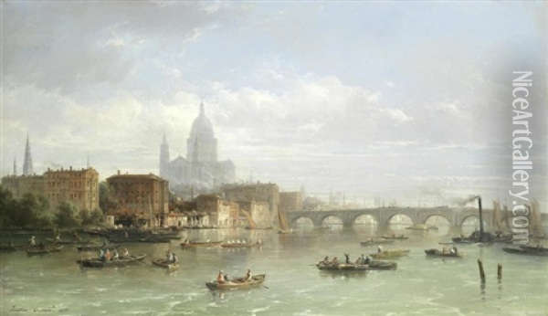 View Of Blackfriars Bridge With St Pauls In The Distance Oil Painting - Pierre Justin Ouvrie