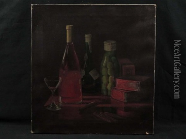 Still Life Cigars Wine Olive Jar Oil Painting - Jonas Joseph LaValley