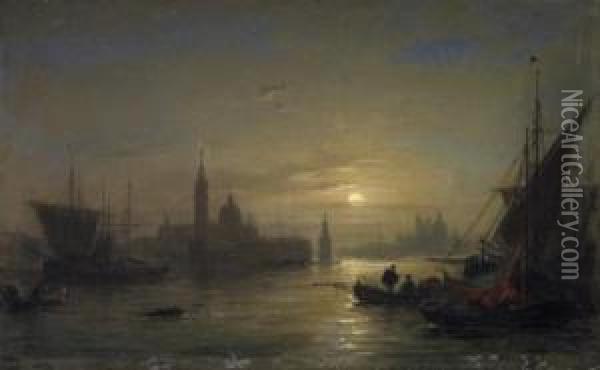 Venice. Idyllic View Of The Lagune-city In The Moonlight. Signed And Dated Bottom Right: L. Mecklenburg 1858 Oil Painting - Ludwig Mecklenburg