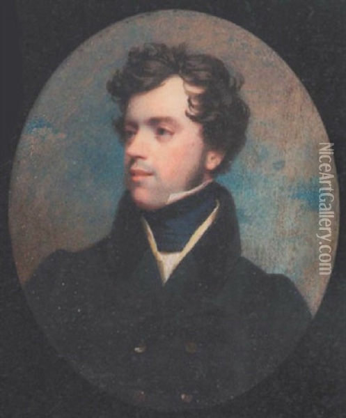 A Gentleman (the Poet Thomas Moore?), Wearing Dark Grey Coat With Black Collar, Pale Yellow Waistcoat, White Shirt And Blue Stock Oil Painting - Andrew Robertson