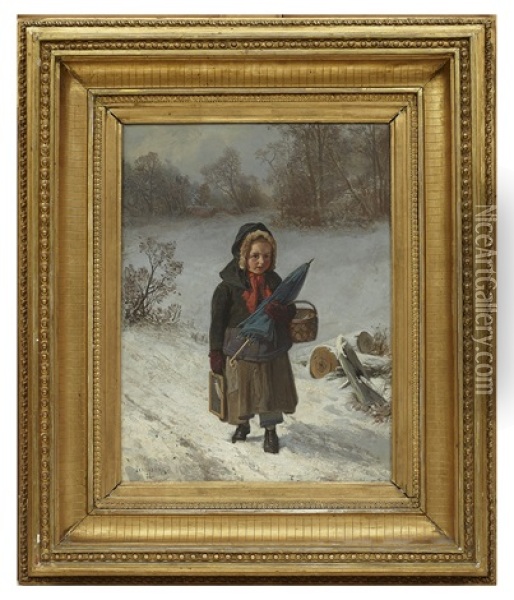 Barn I Snolandskap Oil Painting - Julius Johann Ferdinand Kronberg