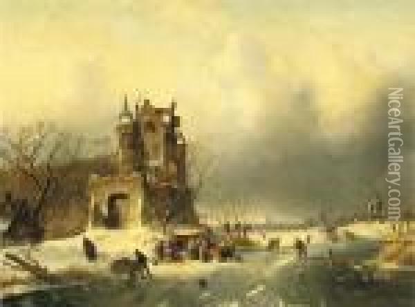 A Cold Winter's Day With A Koek-en-zopie Near A Mansion Oil Painting - Charles Henri Leickert