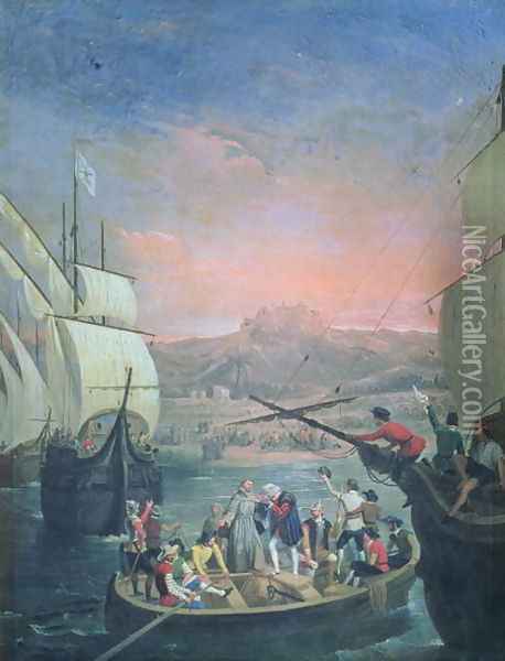 Departure of the Santa Maria, the Pinta and the Nina from Palos in 1492 Oil Painting - Antonio Cabral Bejarano