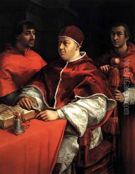 Pope Leo X with Cardinals Giulio de' Medici and Luigi de' Rossi Oil Painting - Raffaelo Sanzio