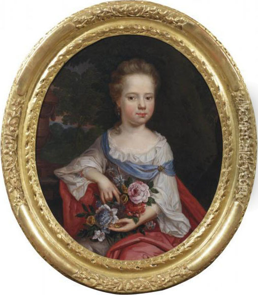 Portrait Of A Girl, 
Three-quarter Length, In A Park Landscape, Holding A Bouquet Of Flowers Oil Painting - Pierre Ii Mignard