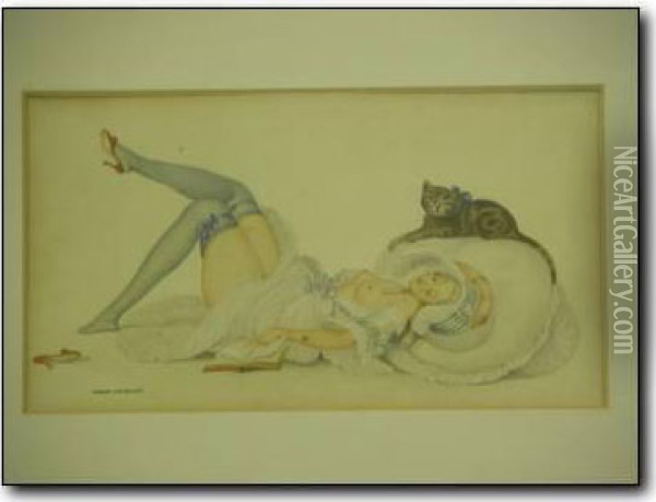 Reclining Semi Nude Woman With Cat On Large Cushion Oil Painting - Gerda Wegener