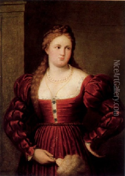 Bildnis Einer Vornehmen Dame In Rotem Samtkleid Mit Einer Perlen-halskette Oil Painting - Paris Bordone