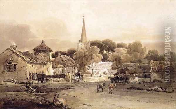 Village Street and Church Spire Oil Painting - Thomas Girtin