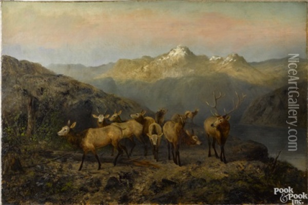 Mountain Landscape With Elk Oil Painting - Newbold Hough Trotter