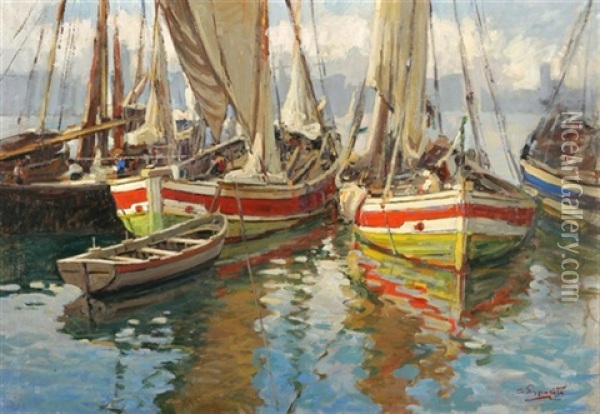 Kleiner Hafen Mit Segelschiffen Oil Painting - Gaetano Esposito