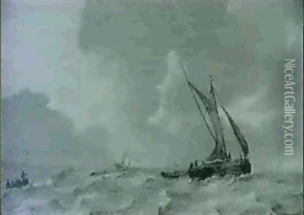 A Smalschip Sailing In Choppy Seas Off The Dutch Coast Oil Painting - Jan Porcellis