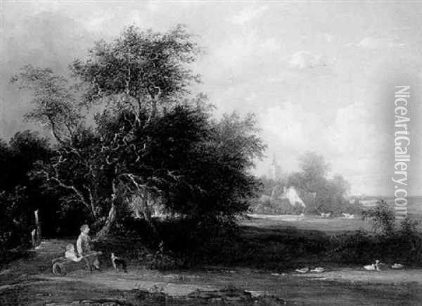 Boys Playing Before A Ford With A View Of A Village Beyond Oil Painting - Alfred George Stannard