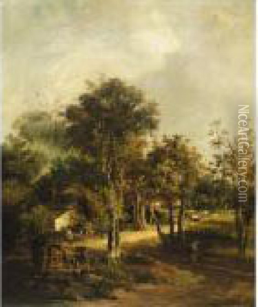 A Wooded Landscape With Cottagers On A Path In The Foreground Oil Painting - John Crome