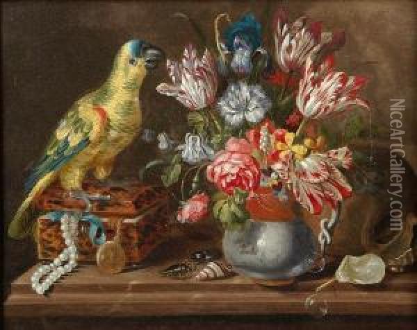 Still Life Of A Parrot Standing On A Tortoiseshell Jewel Box On A Ledge Beside A Vase Of Tulips And Other Flowers, With A Skull, Sea Shells, Beetles And Soap Bubbles Nearby Oil Painting - Jacob Marrel