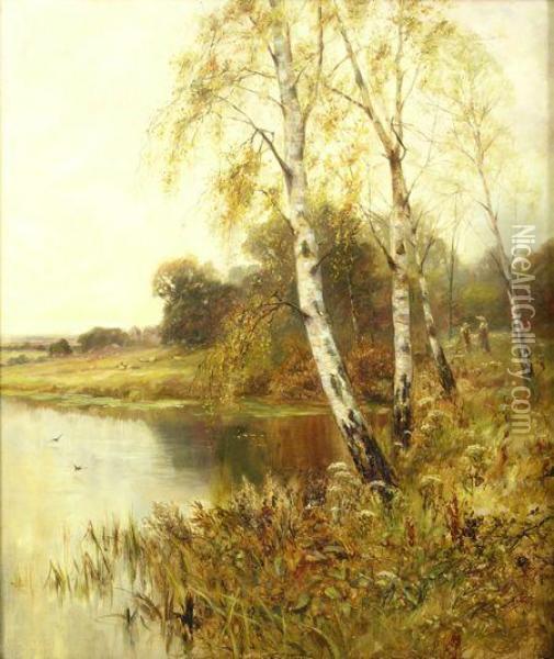 Silver Birch Trees By A River, Figures, Sheep And Oil Painting - Henry John Yeend King