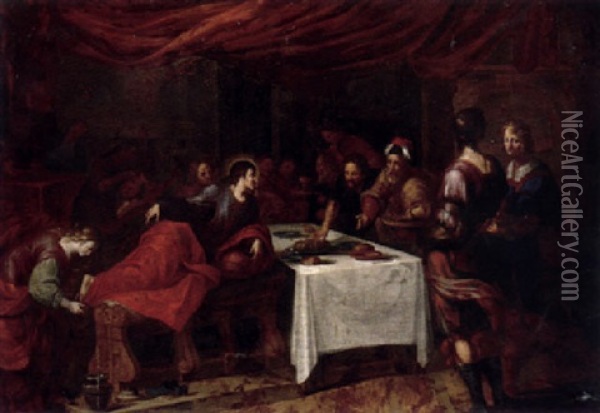 Mary Magdalen Washing Christ`s Feet In The House Of Simon The Pharisee Oil Painting - Jacob Ignatius Roore