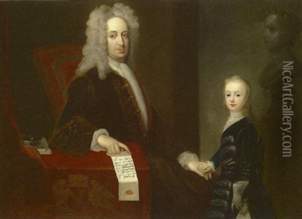 Portrait Of Charles, 1st Lord Whitworth And His Nephew, The Former Seated, Holding A Letter In His Right Hand Oil Painting - John Ellys