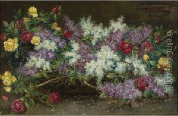 Lilacs And Roses Oil Painting - August Pollak