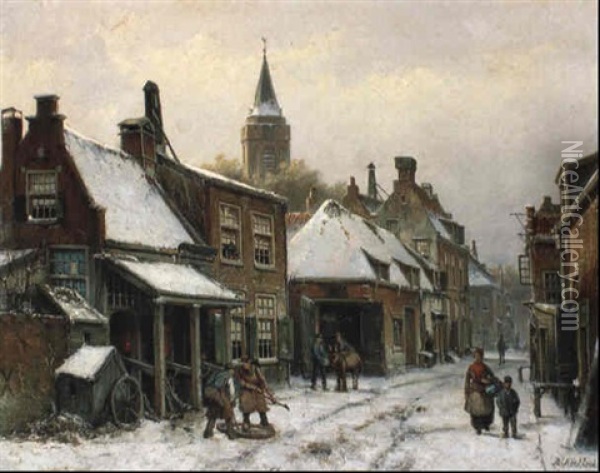 A View In A Snowy Street With Figures In Front Of A Forge Oil Painting - Willem Koekkoek