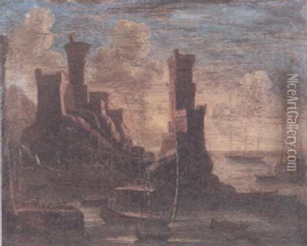 A Capriccio View Of A Mediterranean Port Scene Oil Painting - Adriaen Van Der Cabel
