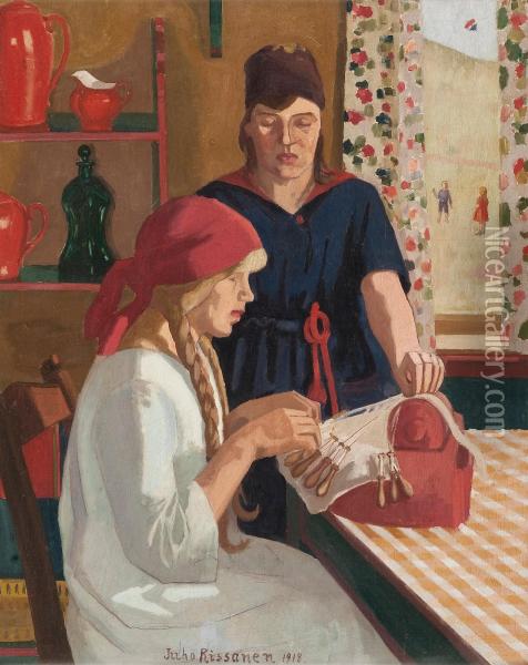 The Lace-maker Oil Painting - Juho Vilho Rissanen