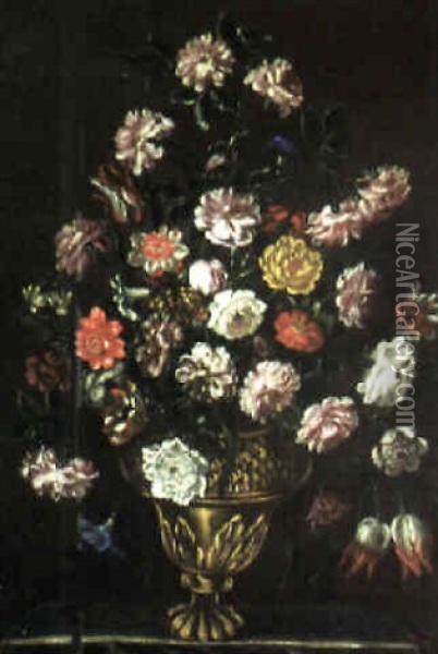 Still Life Of Flowers In An Urn On A Plinth Oil Painting - Giuseppe Recco