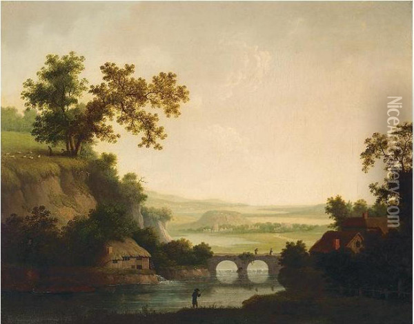 Extensive Landscape With Figures Crossing A Bridge Oil Painting - Nathan Theodore Fielding