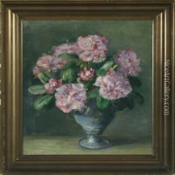 Still Life With Rhododendron In A Vase On A Table Oil Painting - Emmy Marie Caroline Thornam