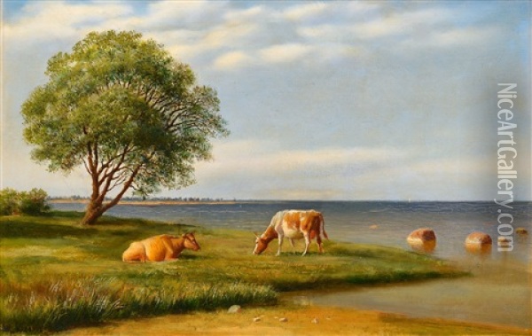 Cows By The Shore Oil Painting - Mikhail Konstantinovich Klodt von Jurgensburg
