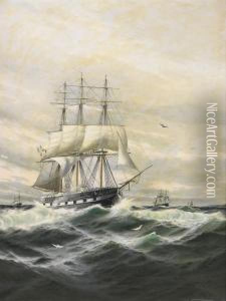 Marin Med Segelfartyg I Hog Sjo Oil Painting - Theodor Victor Carl Valenkamph