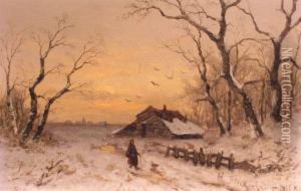 Winter Sunset Oil Painting - Heinz Flockenhaus