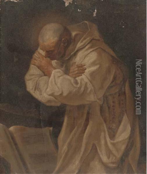A Monk In White Robes Praying Before A Book Oil Painting - Pierre Subleyras