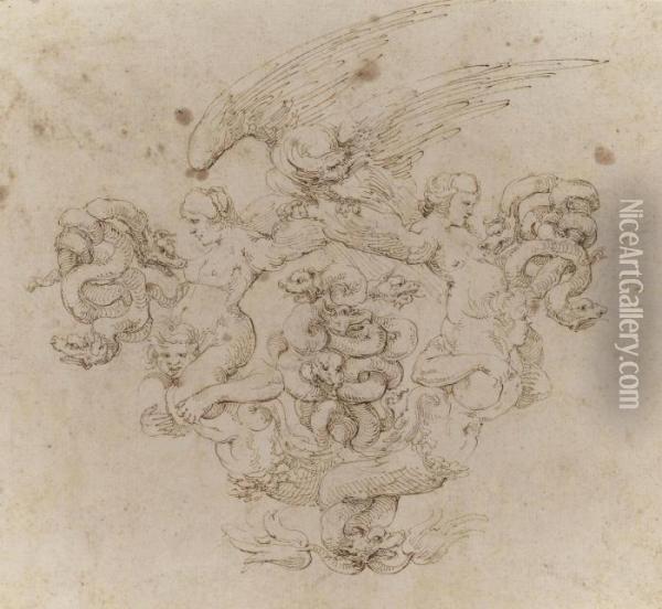 A Cartouche In The Form Of Two 
Mermen With Intertwined Tails Supporting Harpies Whose Wings Support An 
Eagle, With Pairs Of Writhing Serpents At Either Side And With A Group 
Of Four Intertwined Serpents In The Centre Oil Painting - Stefano della Bella