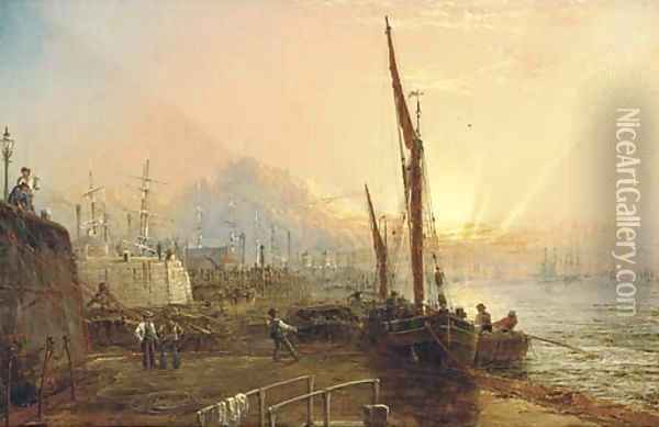 Looking down the Thames from the Blackwall landing stage Oil Painting - Claude T. Stanfield Moore
