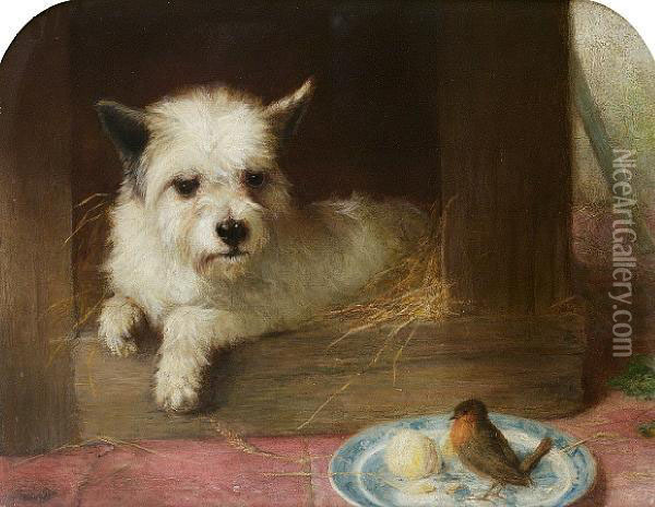 A Terrier And A Robin Oil Painting - Thomas William Earl