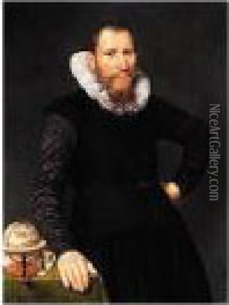 Portrait Of A Gentleman, Three 
Quarter Length, Wearing Black, Standing Beside A Table With A Celestial 
Globe Oil Painting - Gortzius Geldorp