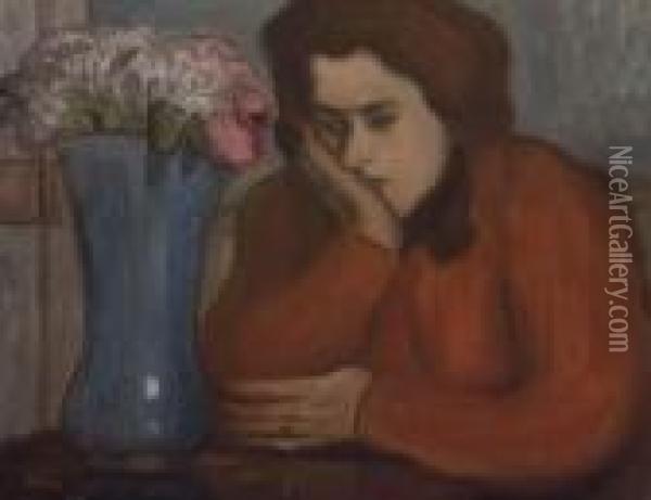 Femme Pensive Au Vase De Fleurs Oil Painting - Jozsef Rippl-Ronai